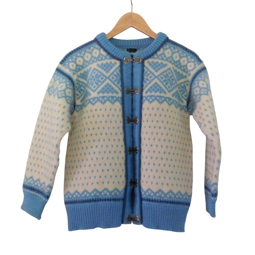 Dale Of Norway 100% Pure New Wool Cardigan Fair Isle Sweater Nordic Blue Ivory M